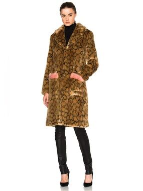 NWOT Shrimps Claude Faux Fur Leopard Coat W/ Pink Trim US Small 2-4